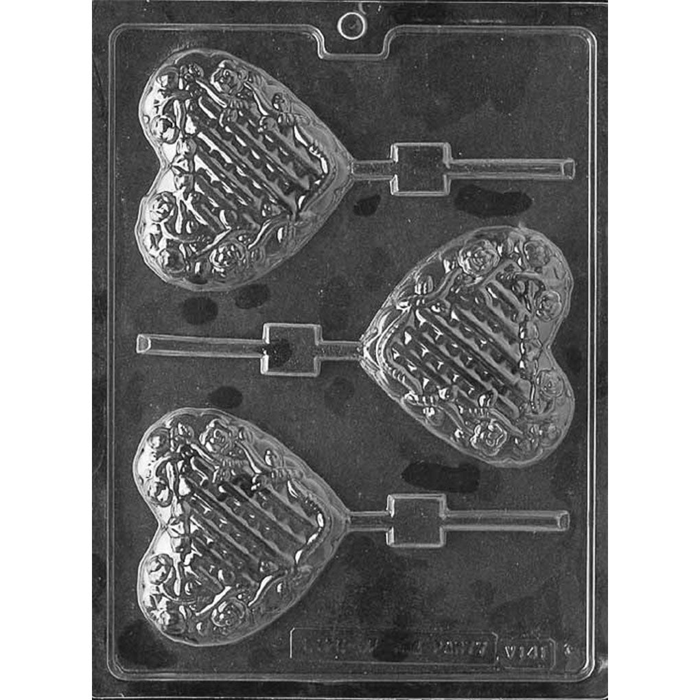 Three-cavity lattice heart with flowers chocolate lollipop mold featuring 3 1/8 x 3 1/2 x 1/2-inch hearts, raised rose borders, and stick channels