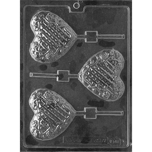 Three-cavity lattice heart with flowers chocolate lollipop mold featuring 3 1/8 x 3 1/2 x 1/2-inch hearts, raised rose borders, and stick channels
