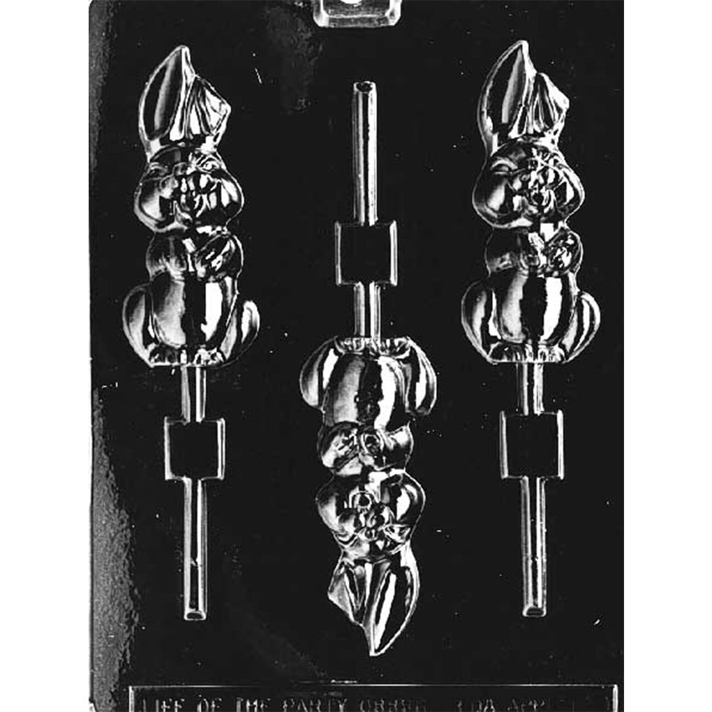 Clear plastic floppy eared bunny chocolate lollipop mold with three bunny-shaped cavities, each showing a standing bunny with long drooping ears and a rounded face, plus stick channels.
