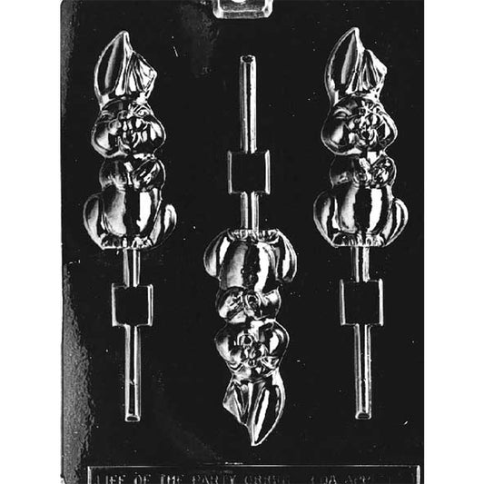 Clear plastic floppy eared bunny chocolate lollipop mold with three bunny-shaped cavities, each showing a standing bunny with long drooping ears and a rounded face, plus stick channels.