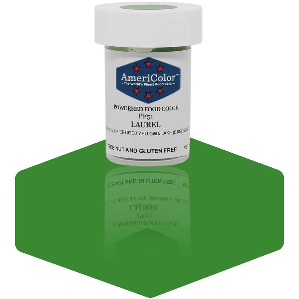 AmeriColor Laurel powdered food coloring 3 gram jar with muted herbal green powder for modern cake designs.