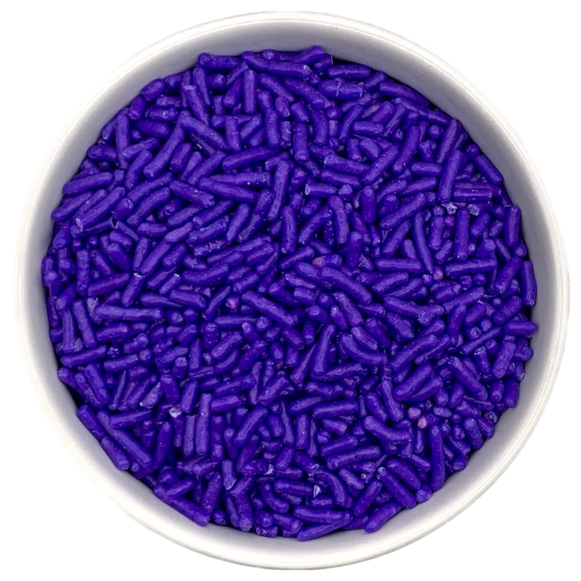 Overhead close-up of lavender jimmies sprinkles in a white bowl