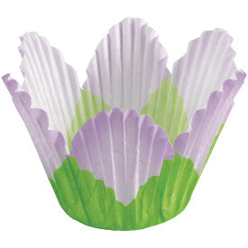 lavender and green petal-shaped baking cup