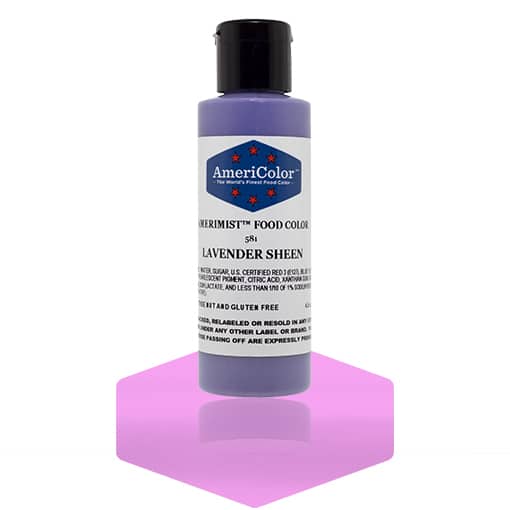 Bottle of AmeriColor Lavender Sheen AmeriMist Airbrush Food Coloring, 4.5 oz, shown with soft metallic lavender color swatch below.