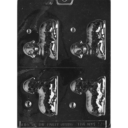 Clear plastic 3D chocolate mold with laying lamb cavities arranged in two rows, featuring a curled wool texture and matching halves separated by a center line on a dark background.