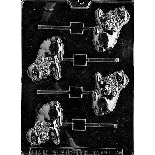 Four-cavity lamb chocolate lollipop mold with matching lambs lying on folded legs, large neck bows, curled wool details, and built-in stick channels.