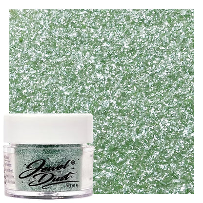 leaf green Jewel Dust edible glitter jar with soft gold shimmer swatch for cakes, cupcakes, and sweets.