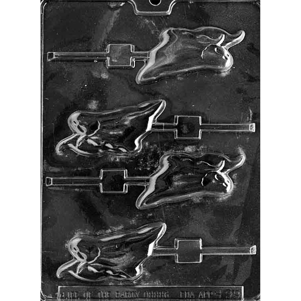 Clear plastic chocolate lollipop mold with four cavities shaped like a left-facing ghost with a smiling face and a flowing, curled tail, each cavity connected to a stick channel on a dark background.