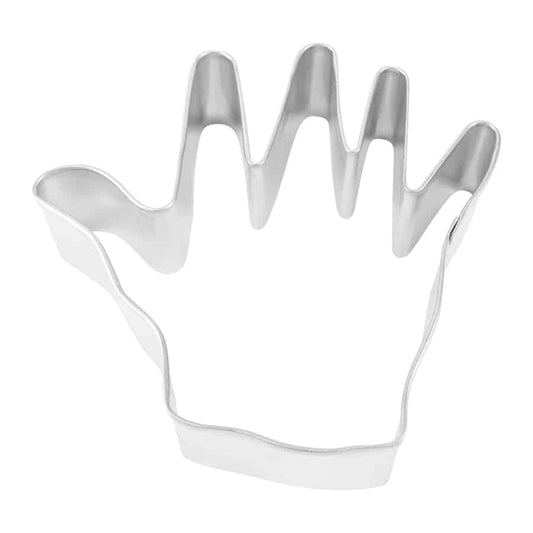 Metal left-hand cookie cutter with five fingers, shown from a top-down view against a white background. The cutter has a well-defined shape for baking and crafting.