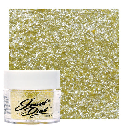 Lemon Jewel Dust edible glitter jar with shimmering swatch for decorating cakes, cupcakes, cookies, and desserts.