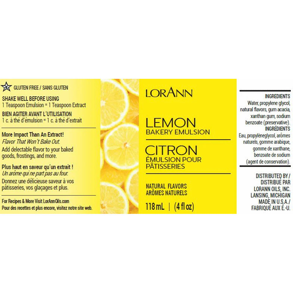 LorAnn Lemon Bakery Emulsion label featuring sliced lemons, 4 fl oz, gluten-free with natural flavors for baking.