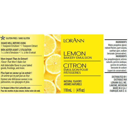 LorAnn Lemon Bakery Emulsion label featuring sliced lemons, 4 fl oz, gluten-free with natural flavors for baking.
