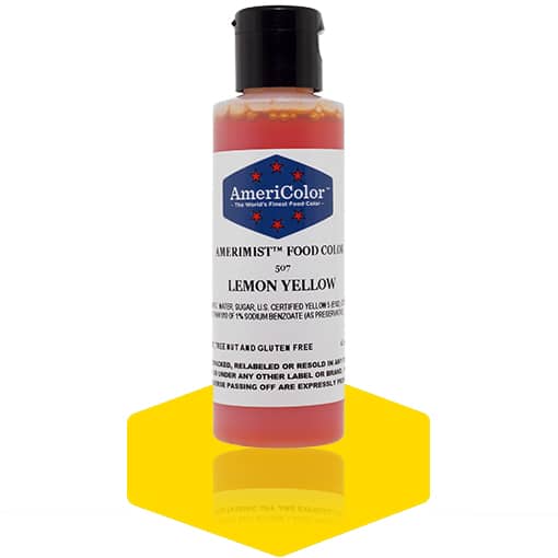 AmeriMist Lemon Yellow airbrush food color by AmeriColor, 4.5 oz bottle shown with a bright yellow swatch beneath.