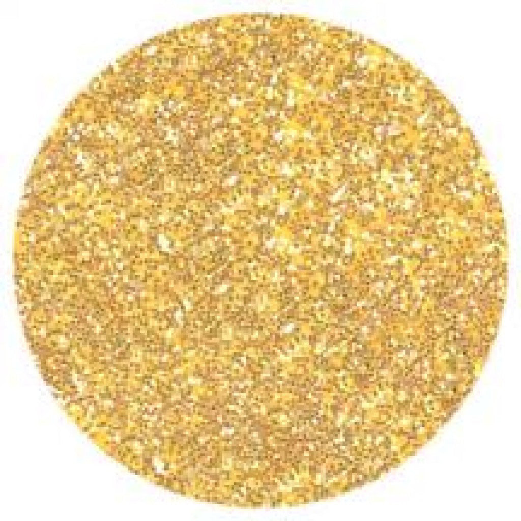 Round close-up view of lemon zest glitter dust showing dense fine shimmering particles in a warm metallic gold tone.
