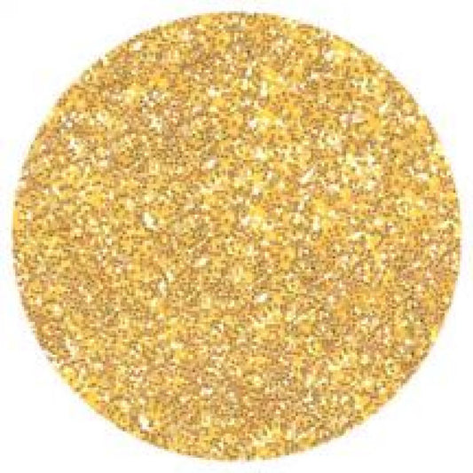 Round close-up view of lemon zest glitter dust showing dense fine shimmering particles in a warm metallic gold tone.