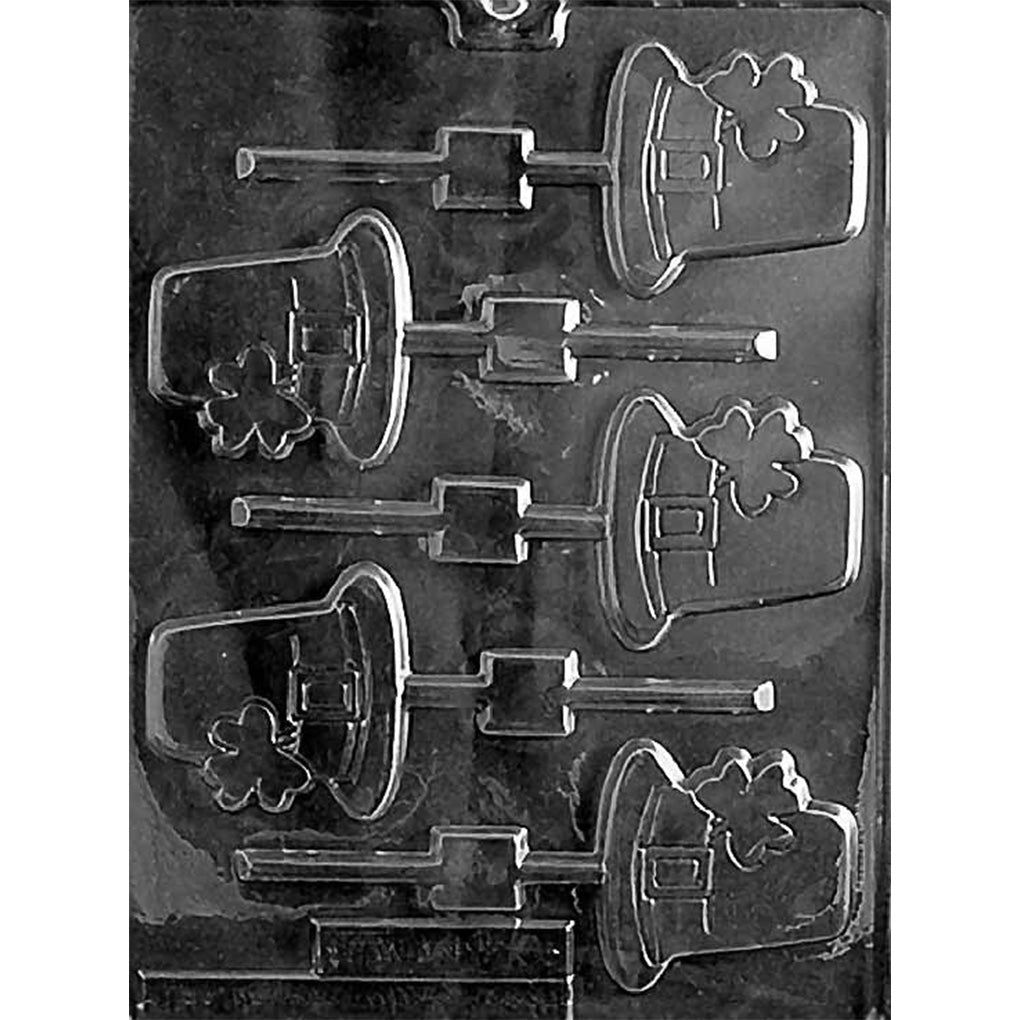 Clear plastic leprechaun hat chocolate lollipop mold with five top-hat cavities, each featuring a small shamrock detail and a built-in lollipop stick channel.