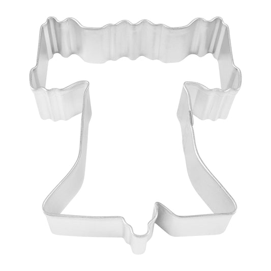 Top-down view of a Liberty Bell-shaped metal cookie cutter with fluted details.