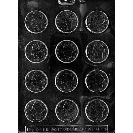 Clear chocolate mold with 12 round coin cavities featuring a Liberty Head-style profile, surrounding stars, and the date 1852 on a dark background.
