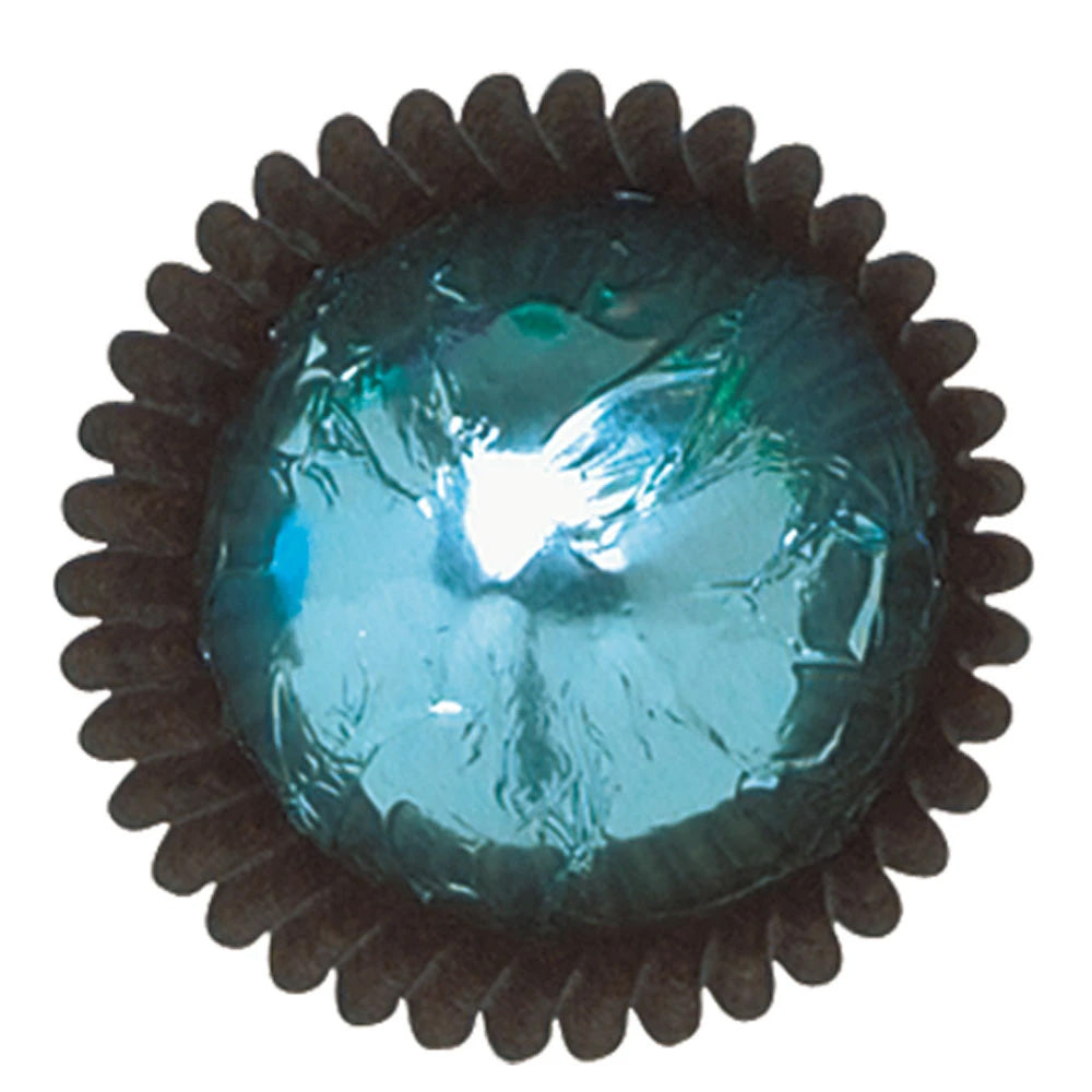 Close-up of a light blue foil-wrapped chocolate in a dark brown paper candy cup, showing bright teal metallic foil with wrinkles and highlights.