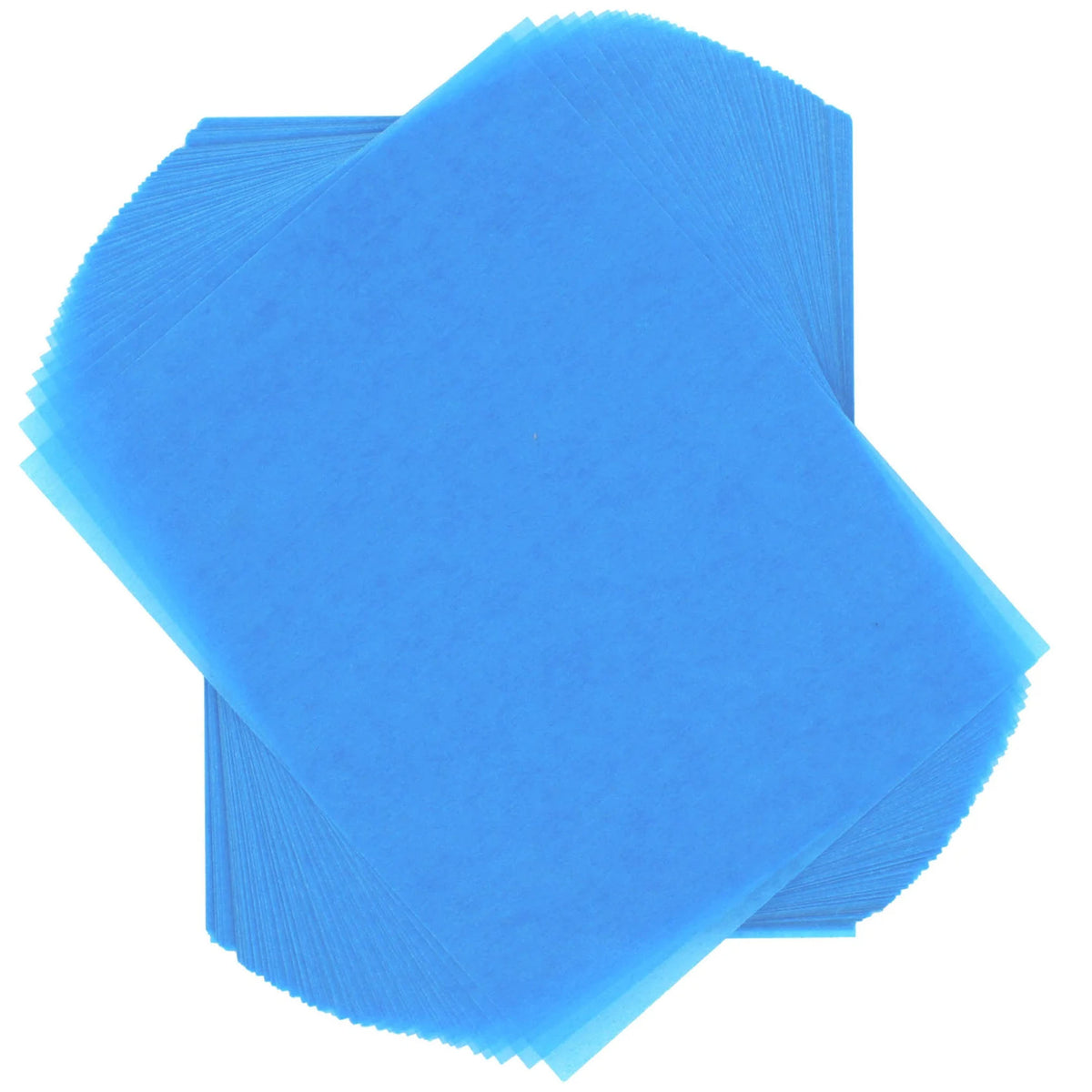 Two overlapping, fanned stacks of light blue 4" x 5" wax caramel and taffy wrapper sheets displayed against a white background.