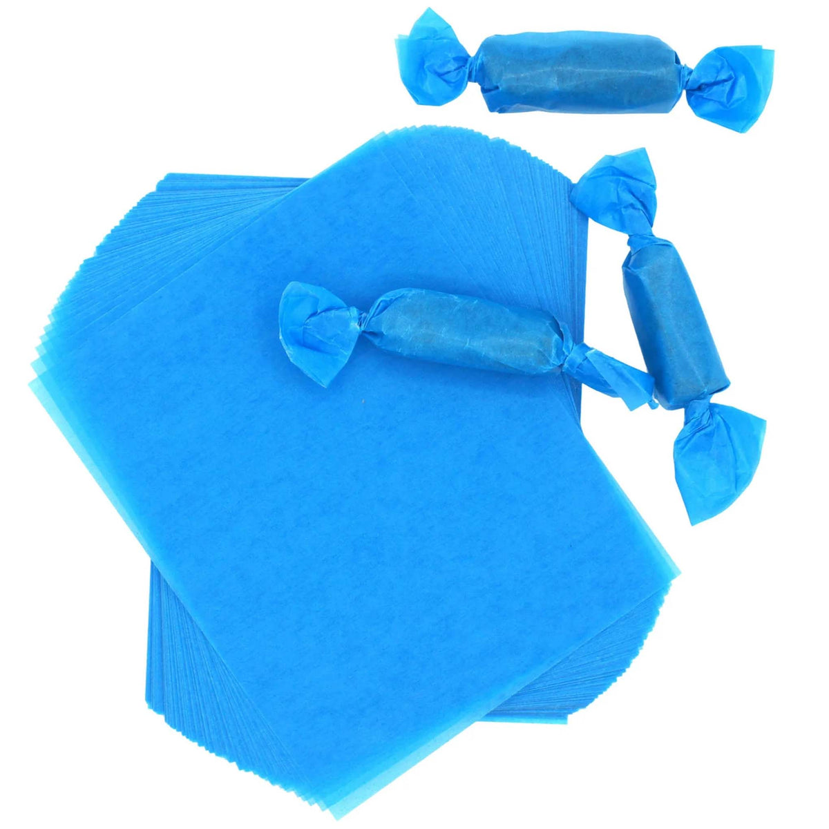 Three rectangular caramel pieces individually packaged in light blue wax candy wrappers with twisted ends, displayed around two fanned stacks of 4" x 5" wrapper sheets.