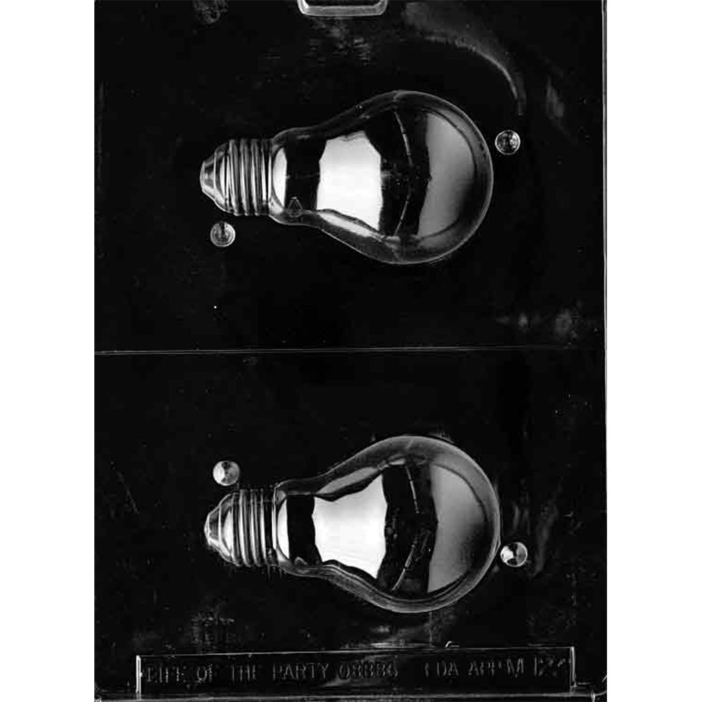 Clear plastic chocolate mold with two lifesize light bulb cavities, showing a rounded bulb form and ridged screw base, with a visible seam line for casting a 3D bulb.