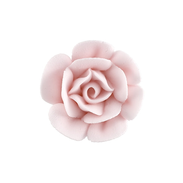 Light pink royal icing rose with layered petals, 1.75 inches in diameter