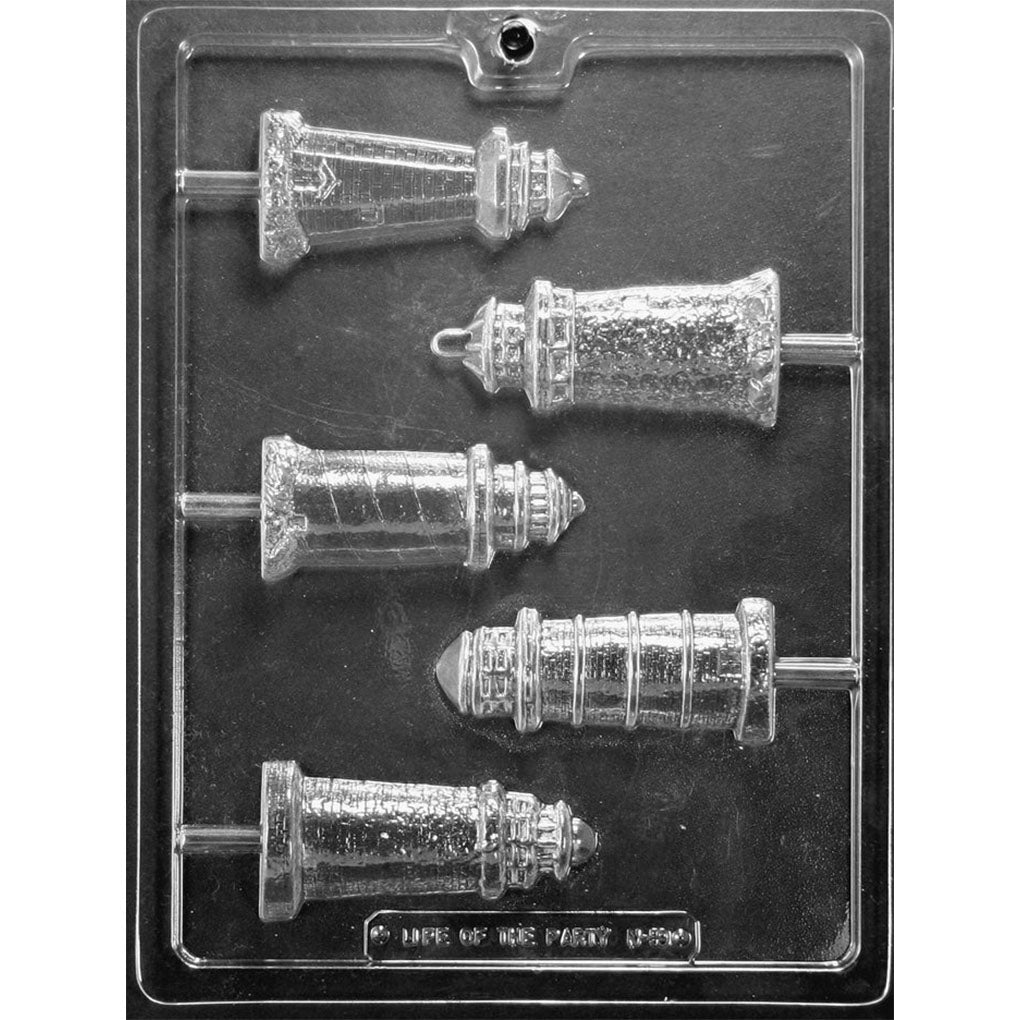 Five-cavity chocolate lollipop mold with five different lighthouse towers featuring raised windows, bands, masonry textures, and alternating stick channels.