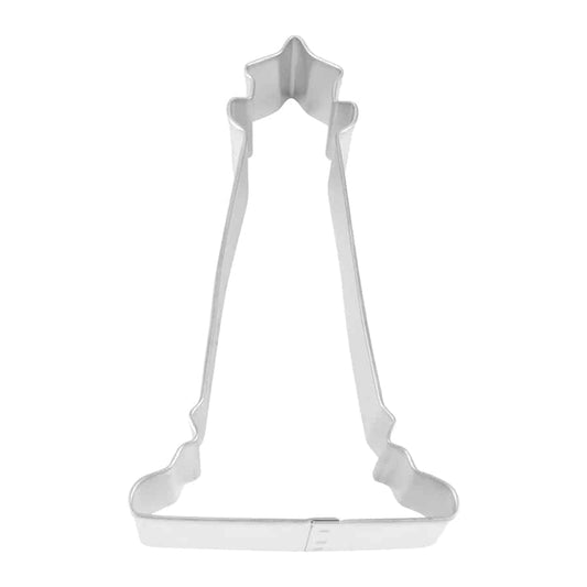 Metal lighthouse-shaped cookie cutter with a detailed, tall design.