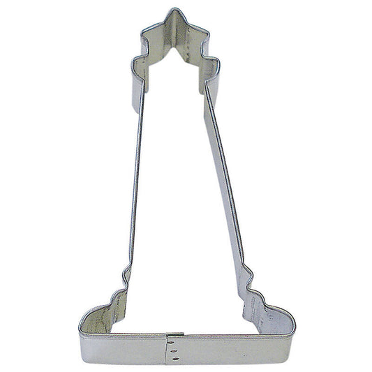 Silver lighthouse-shaped cookie cutter, 4.5 inches tall with a 7/8-inch depth, designed for creating nautical-themed cookies.