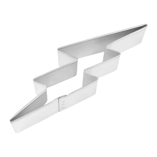 Metal lightning bolt cookie cutter with a sharp, zigzag design, ideal for superhero or weather-themed treats.