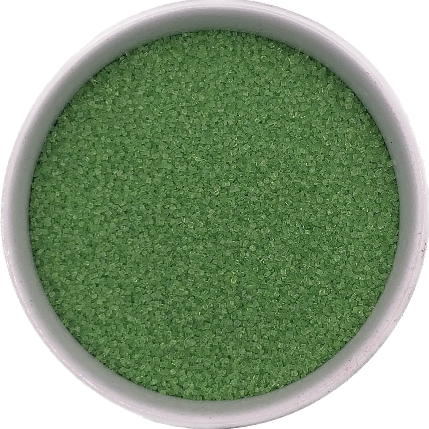 Bowl of fine, green sanding sugar for decorating baked goods.