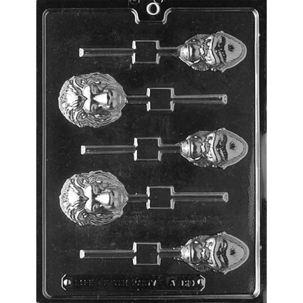 Five-cavity lion and gorilla face chocolate lollipop mold with two detailed lions and three gorillas ranging from 2 1/8 to 2 1/4 inches