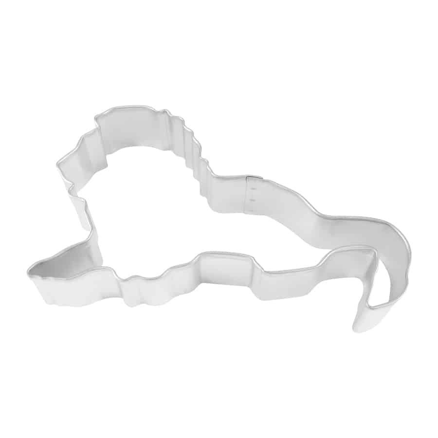 Silver lion-shaped cookie cutter, 4.5 inches long and 2.5 inches wide, made from durable steel.