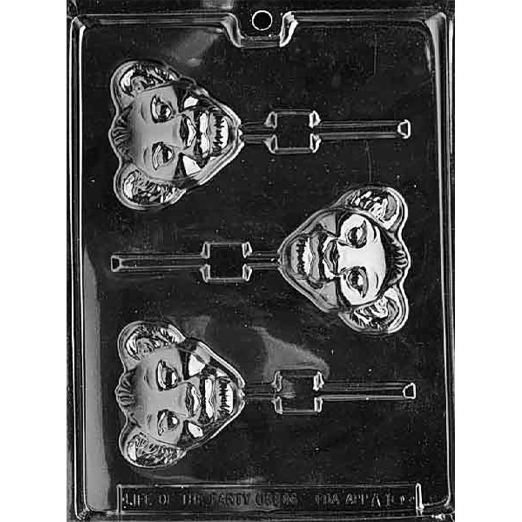 Clear plastic chocolate lollipop mold with three lion cub face cavities, showing rounded ears, wide eyes, and a small muzzle, with stick channels.