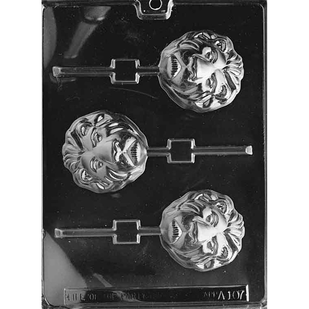 Clear plastic chocolate lollipop mold with three lion face cavities, each showing a detailed mane, eyes, nose, and slightly open mouth, connected to lollipop stick channels on a dark background.