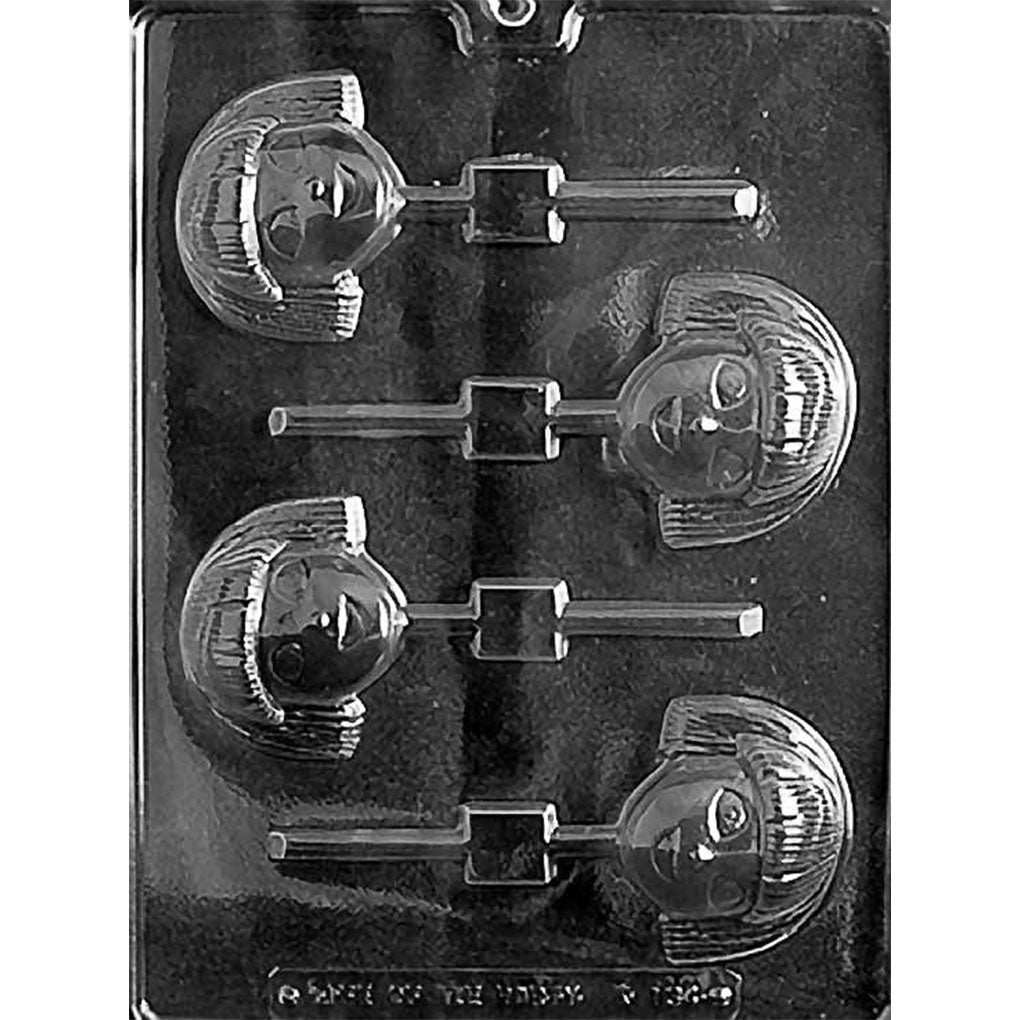 Four-cavity little explorer girl chocolate lollipop mold with smiling faces, rounded hairstyles, and stick channels, each measuring 2 x 2 1/2 x 7/8 inches deep