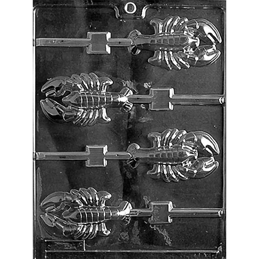 Clear plastic chocolate lollipop mold photographed on a black background with four lobster-shaped cavities, each showing claws, legs, segmented tail, and a stick channel.