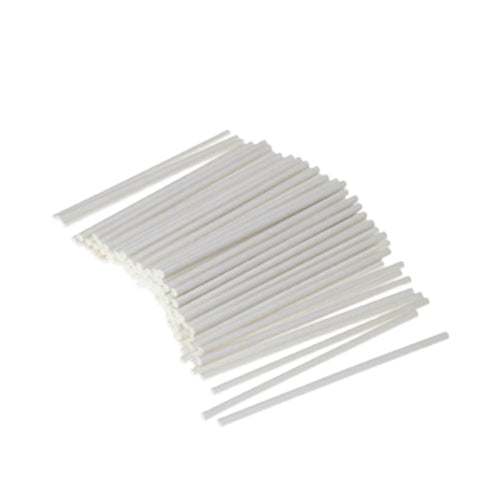 Small pile of white lollipop sucker sticks arranged in a loose stack on a white background, showing smooth straight sticks for candy and cake pops.