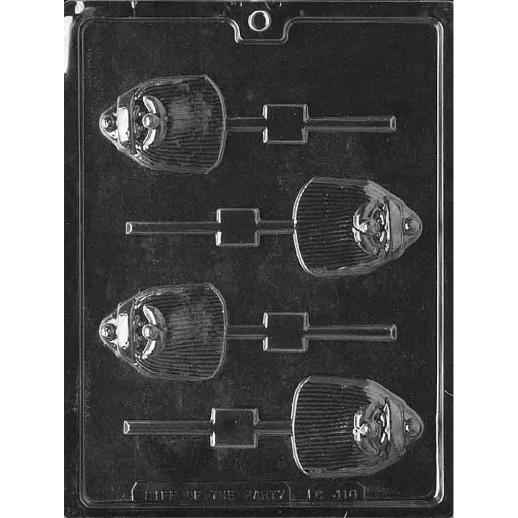 Clear plastic four-cavity Long Bearded Santa Chocolate Lollipop Mold with pointed hats, detailed faces, textured beards, and stick channels