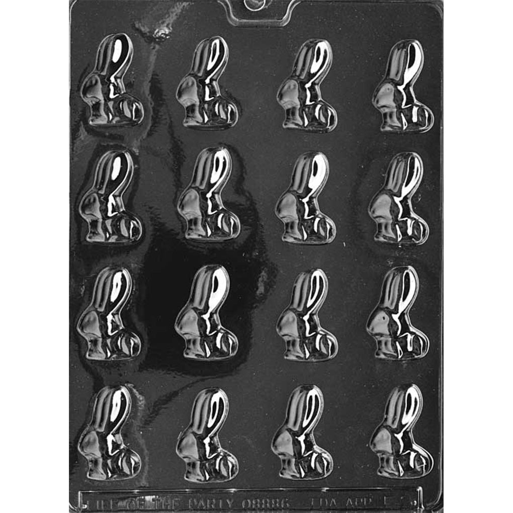 Clear plastic long-eared bunny chocolate mold with multiple bite-size bunny cavities, shown on a black background to highlight the tall ear silhouette and glossy cavity detail.