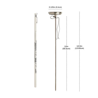 Product diagram showing the long stem thermometer with labeled measurements, including a 12-inch stem length and dial width, on a white background.