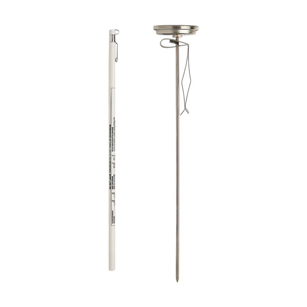 Side-by-side view of the thermometer in its white sheath next to the long stainless steel stem and dial, shown on a white background.