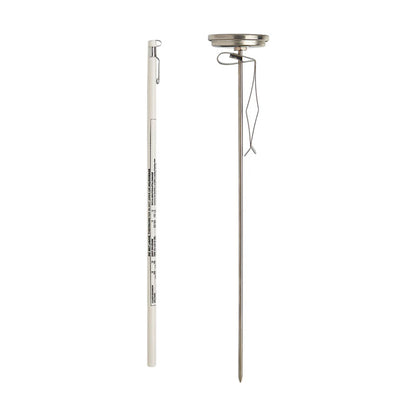 Side-by-side view of the thermometer in its white sheath next to the long stainless steel stem and dial, shown on a white background.