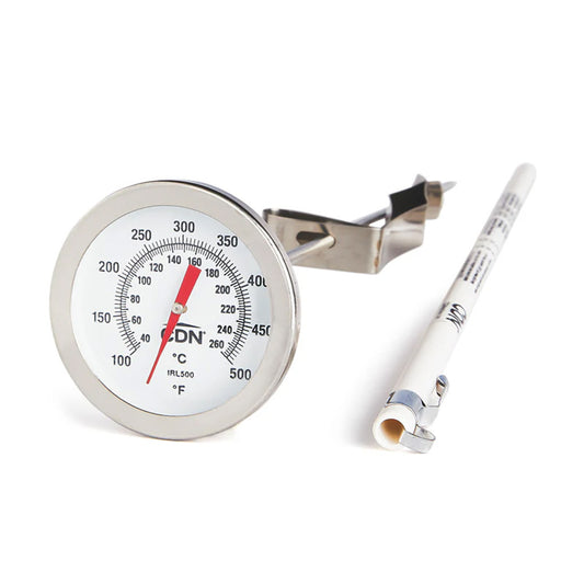 Long stem candy thermometer with a round dial face showing Fahrenheit and Celsius scales, stainless steel pot clip, and a white protective sheath on a white background.