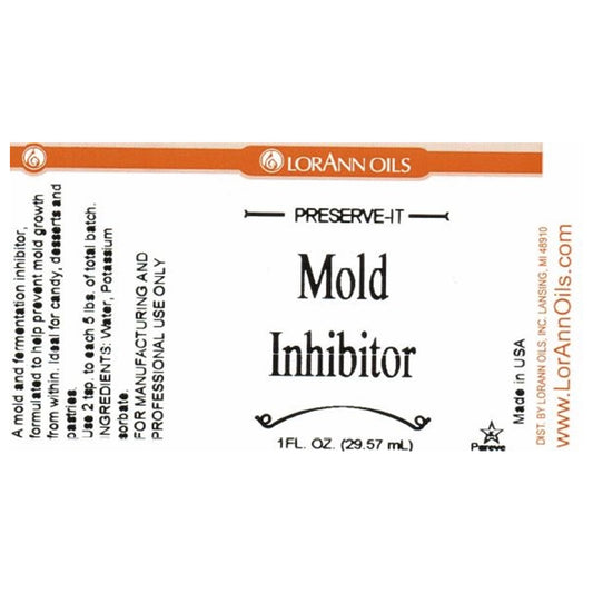 Close-up of the LorAnn Oils Preserve-It Mold Inhibitor label with product name, 1 fl oz size, and small printed usage and manufacturer details.