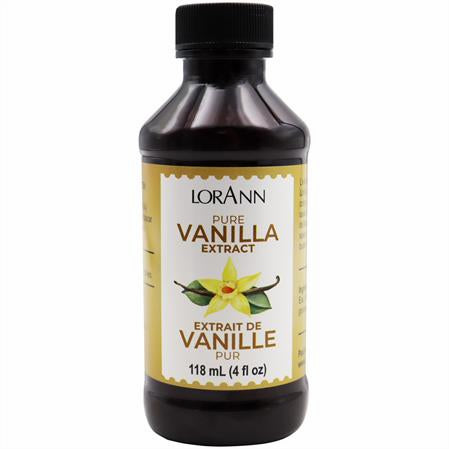 Bottle of LorAnn Pure Vanilla Extract, 4 fl oz size, featuring yellow label with vanilla flower illustration.