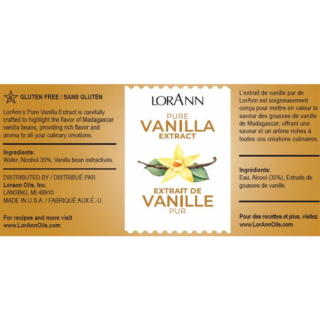 LorAnn Pure Vanilla Extract label panel showing gluten-free note and ingredients: water, alcohol 35%, vanilla bean extractives.