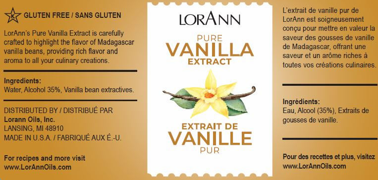 Product label for LorAnn Pure Vanilla Extract, showcasing bilingual English and French text, gluten-free claim, and ingredients list.