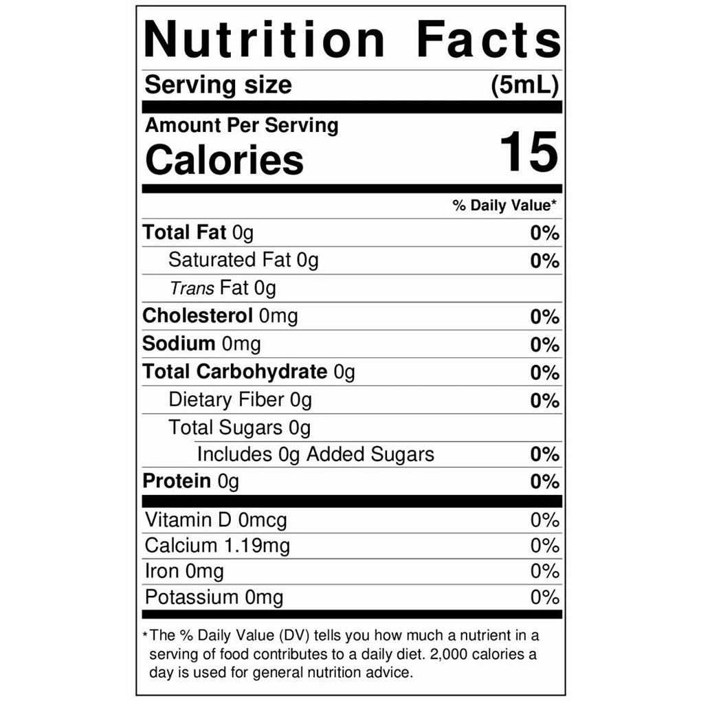 Nutrition Facts panel for LorAnn Pure Vanilla Extract showing serving size 5 mL and 15 calories.